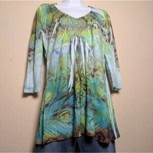 Green Peacock Print Babydoll Top Size Medium Boho Y2K Festival Hippie Earthy